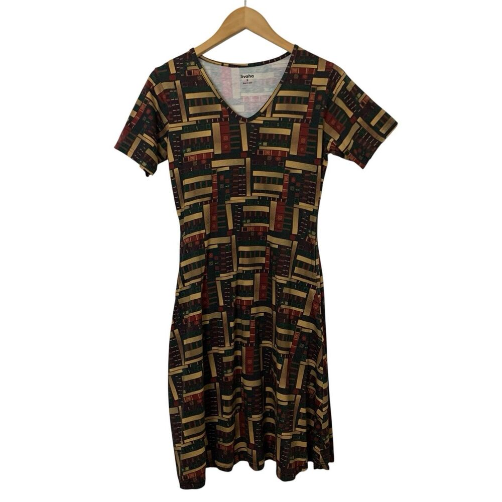Svaha Dress Women Size S Bookshelf Library Cotton Pocket Short Sleeve Novelty